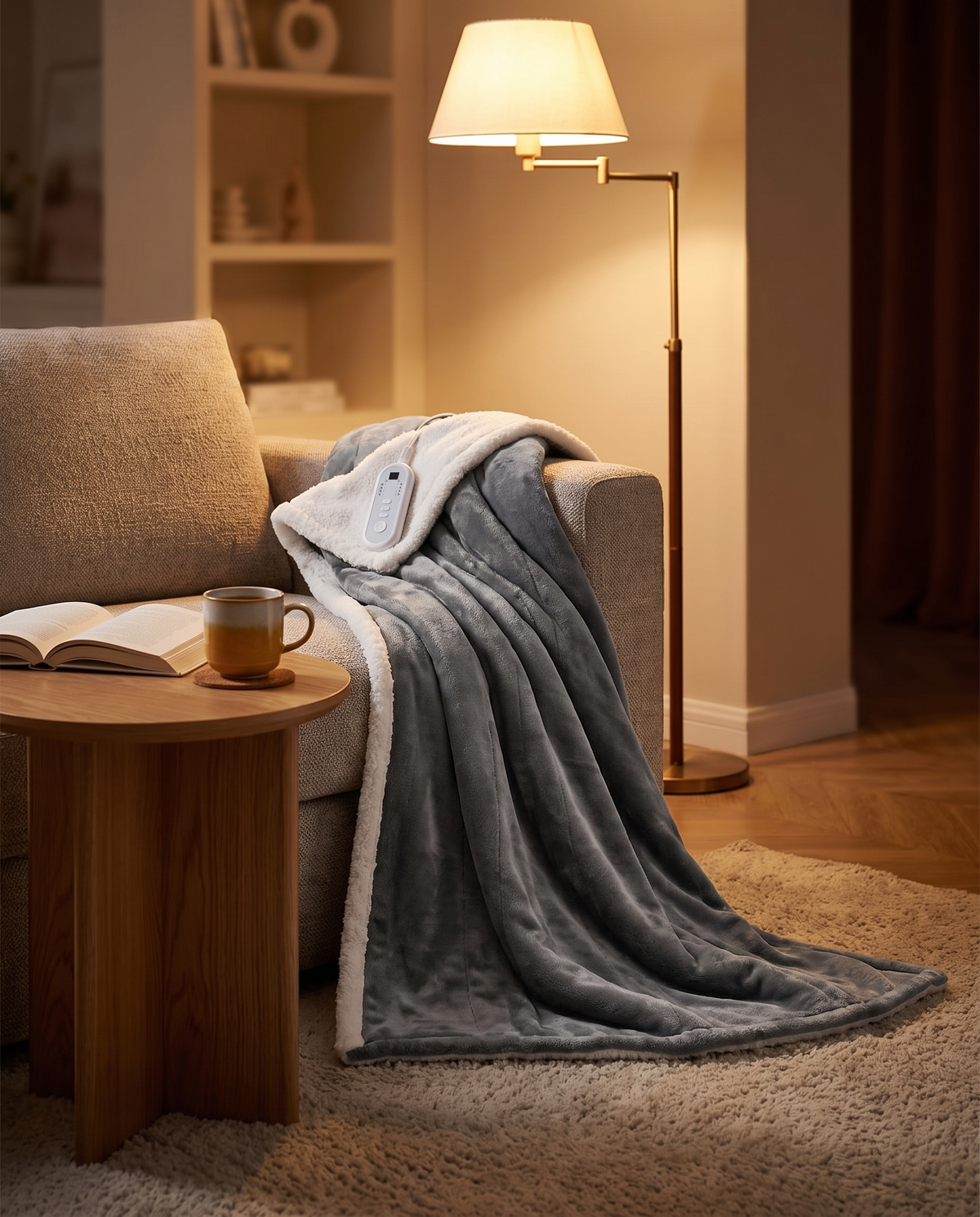 Electric heated blanket in use in a cozy living room, evening