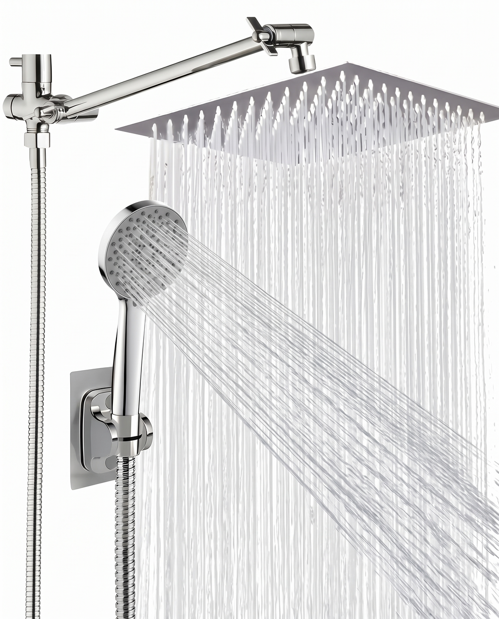 Handheld shower head combo in use in a glass shower stall, evening steam