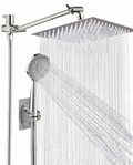 Handheld shower head combo in use in a glass shower stall, evening steam