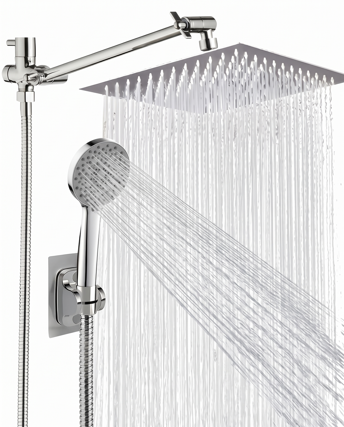 Handheld shower head combo in use in a glass shower stall, evening steam