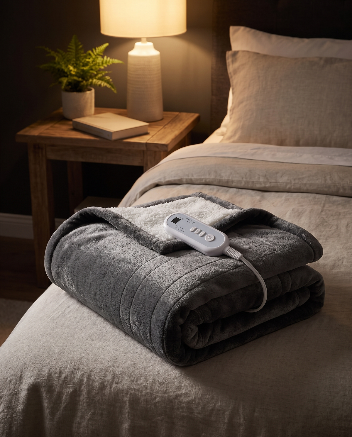 Electric heated blanket in use on a bedroom bed at night