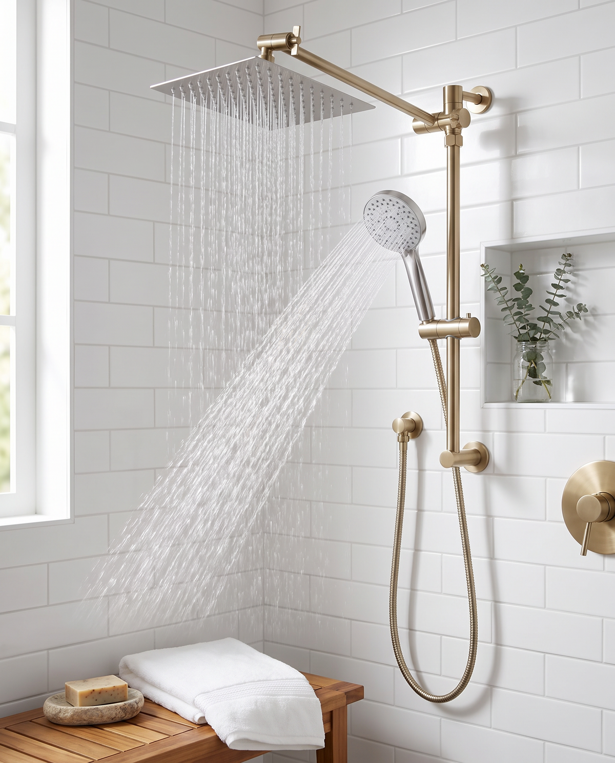 Handheld shower head combo in use in a marble bathroom, morning light