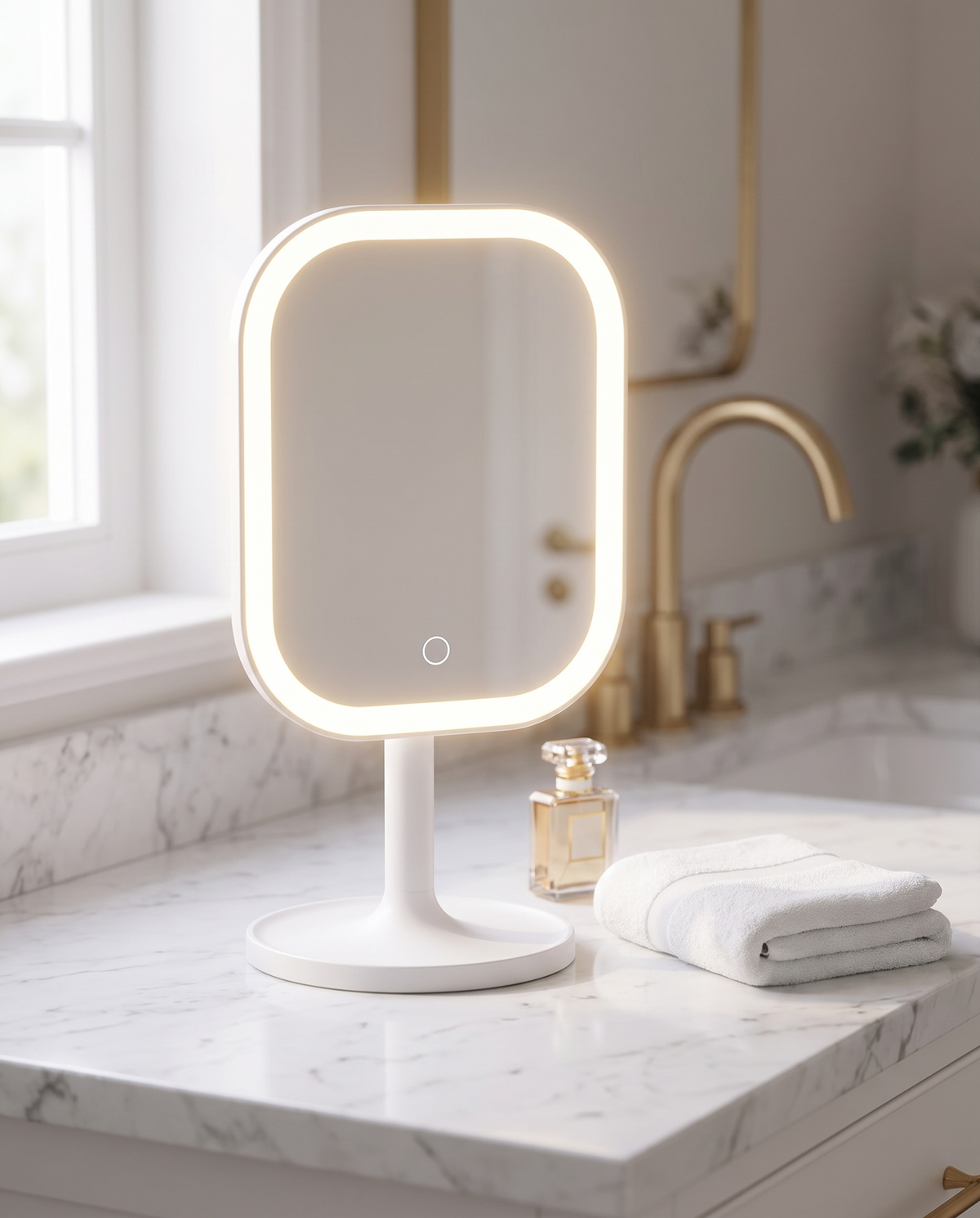 LED vanity mirror in use on a marble bathroom counter, morning