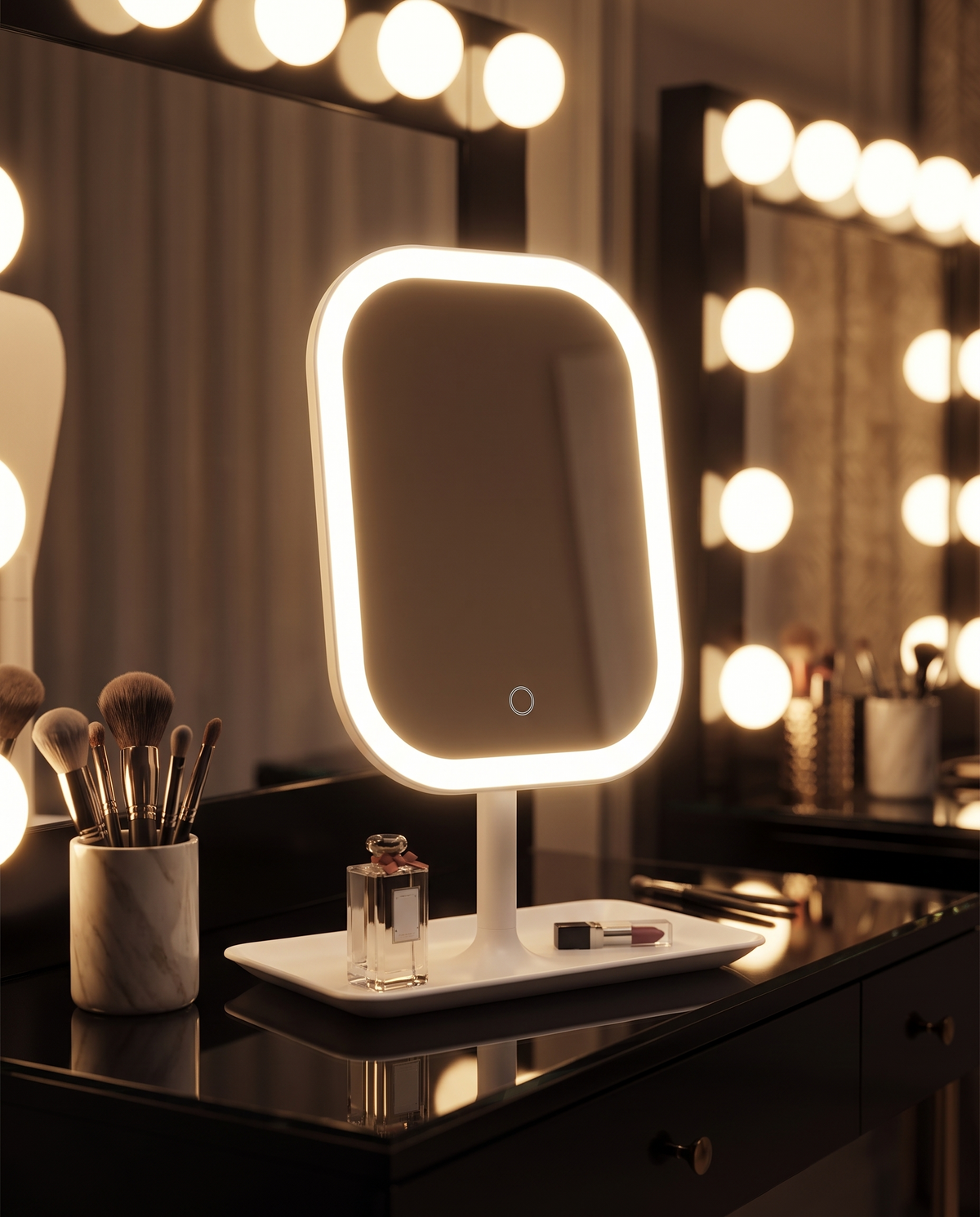 LED vanity mirror in use in a glam studio setting, evening