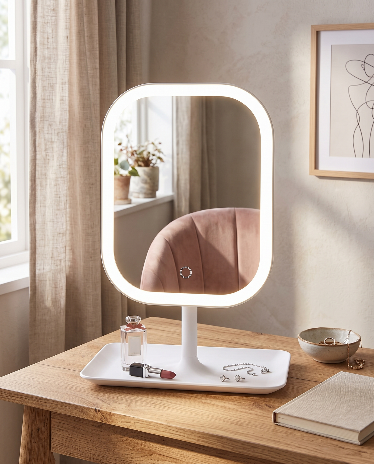 LED vanity mirror in use on a wood dressing table, afternoon