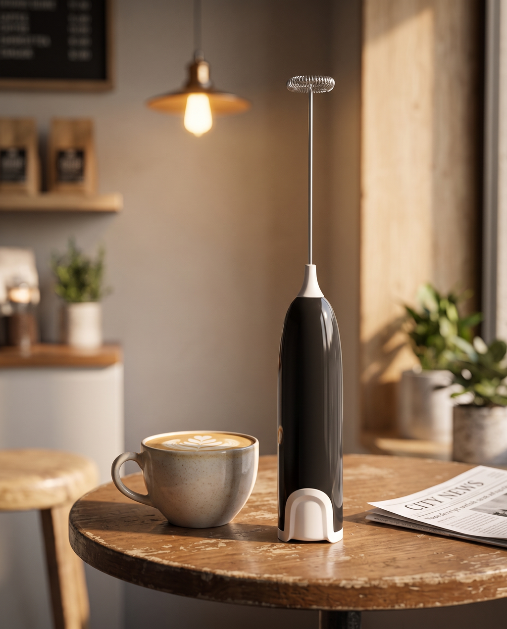 Electric milk frother in use at a cafe-style breakfast nook, afternoon