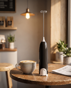 Electric milk frother in use at a cafe-style breakfast nook, afternoon