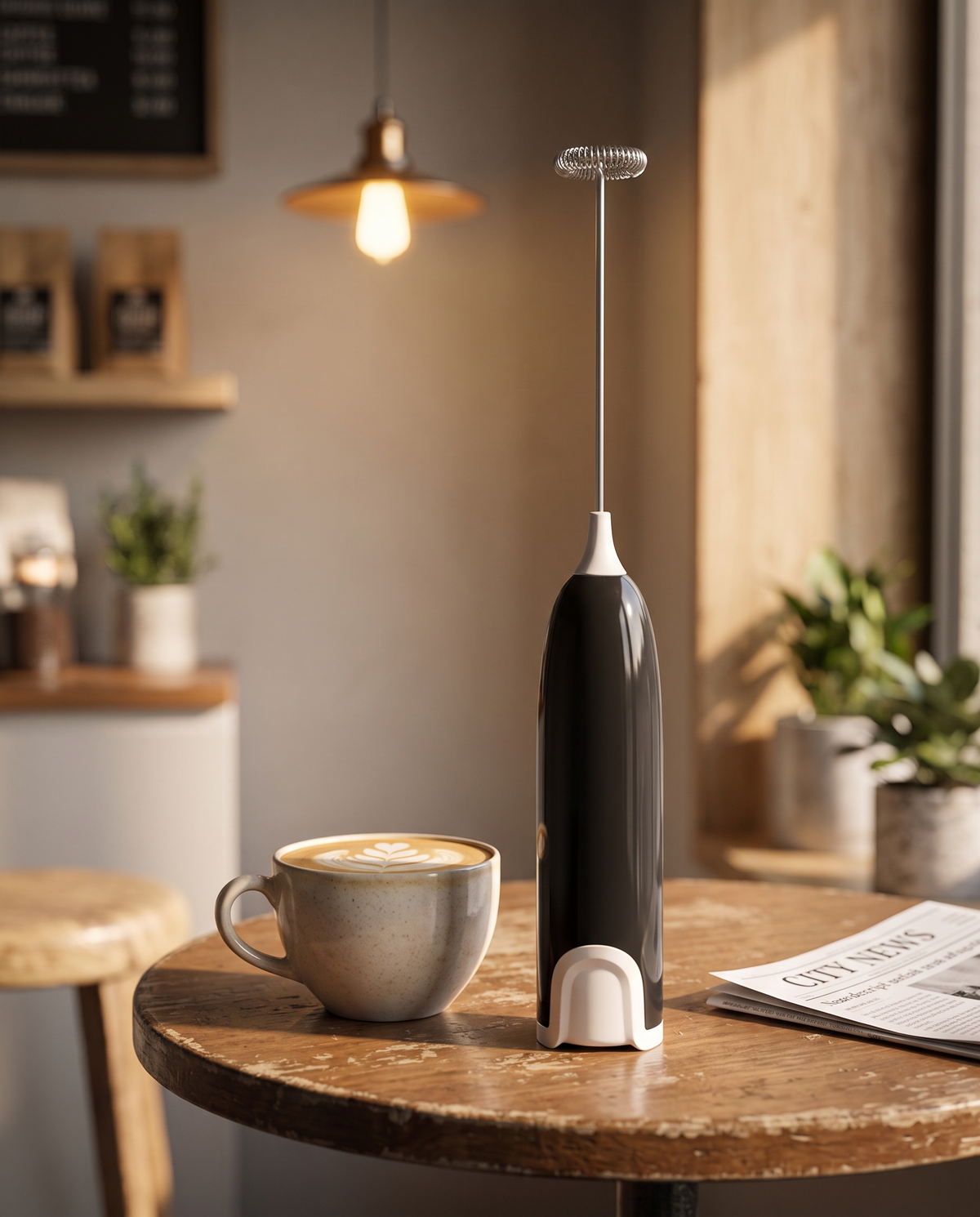 Electric milk frother in use at a cafe-style breakfast nook, afternoon