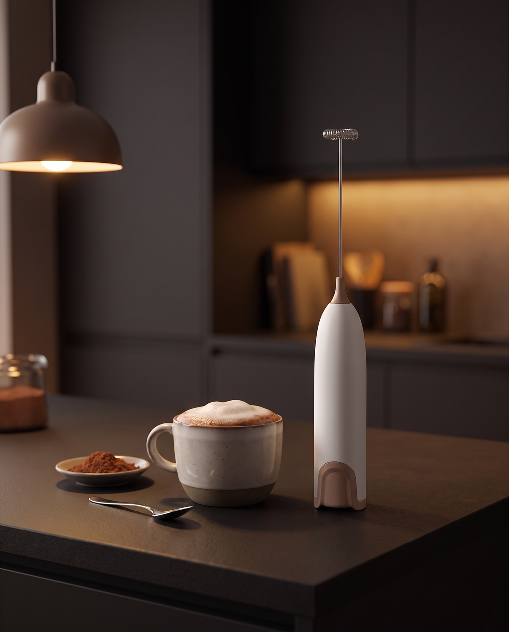 Electric milk frother in use in an evening kitchen with hot chocolate