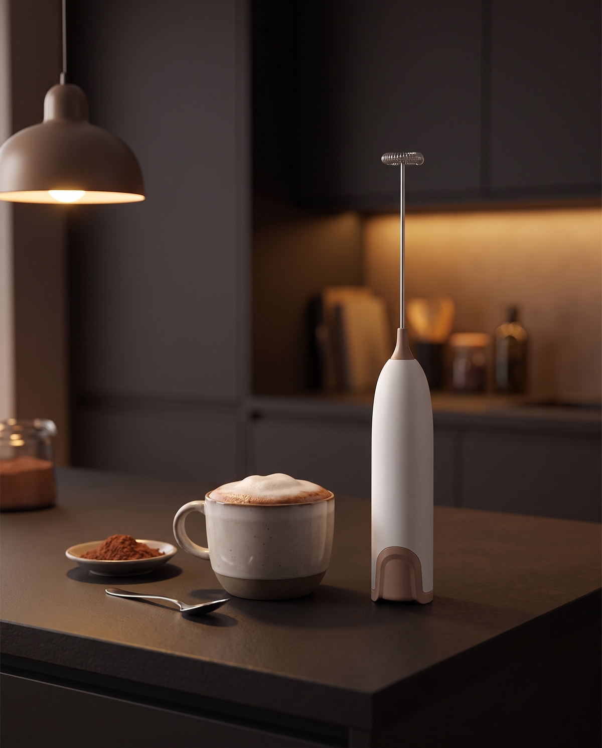 Electric milk frother in use in an evening kitchen with hot chocolate