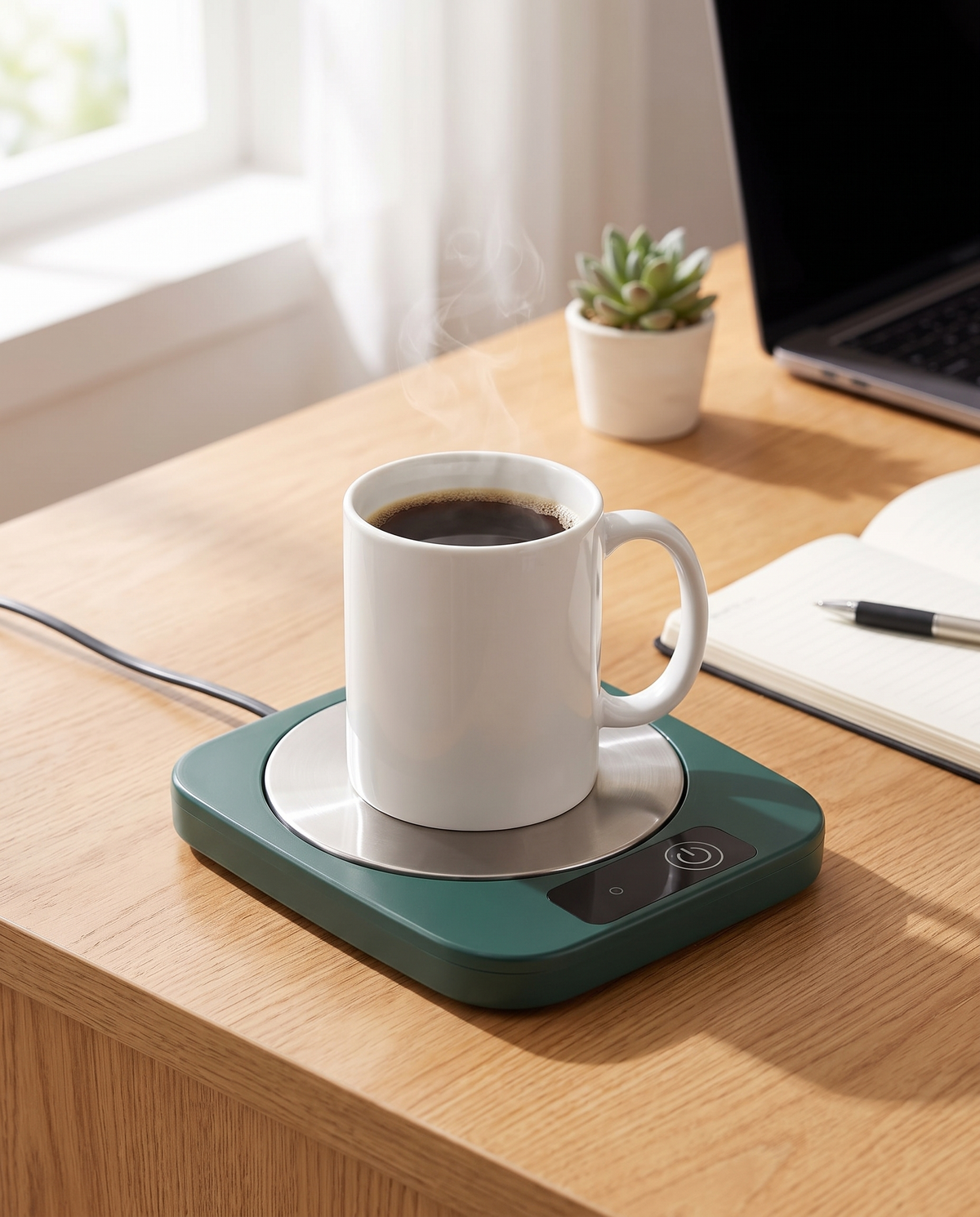 Electric mug warmer in use on a home office desk, morning