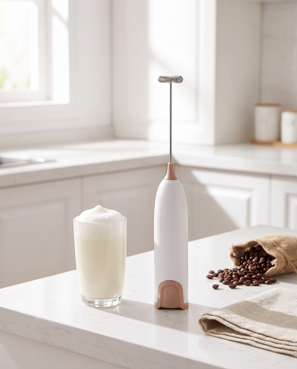 Electric milk frother in use on a kitchen counter, morning