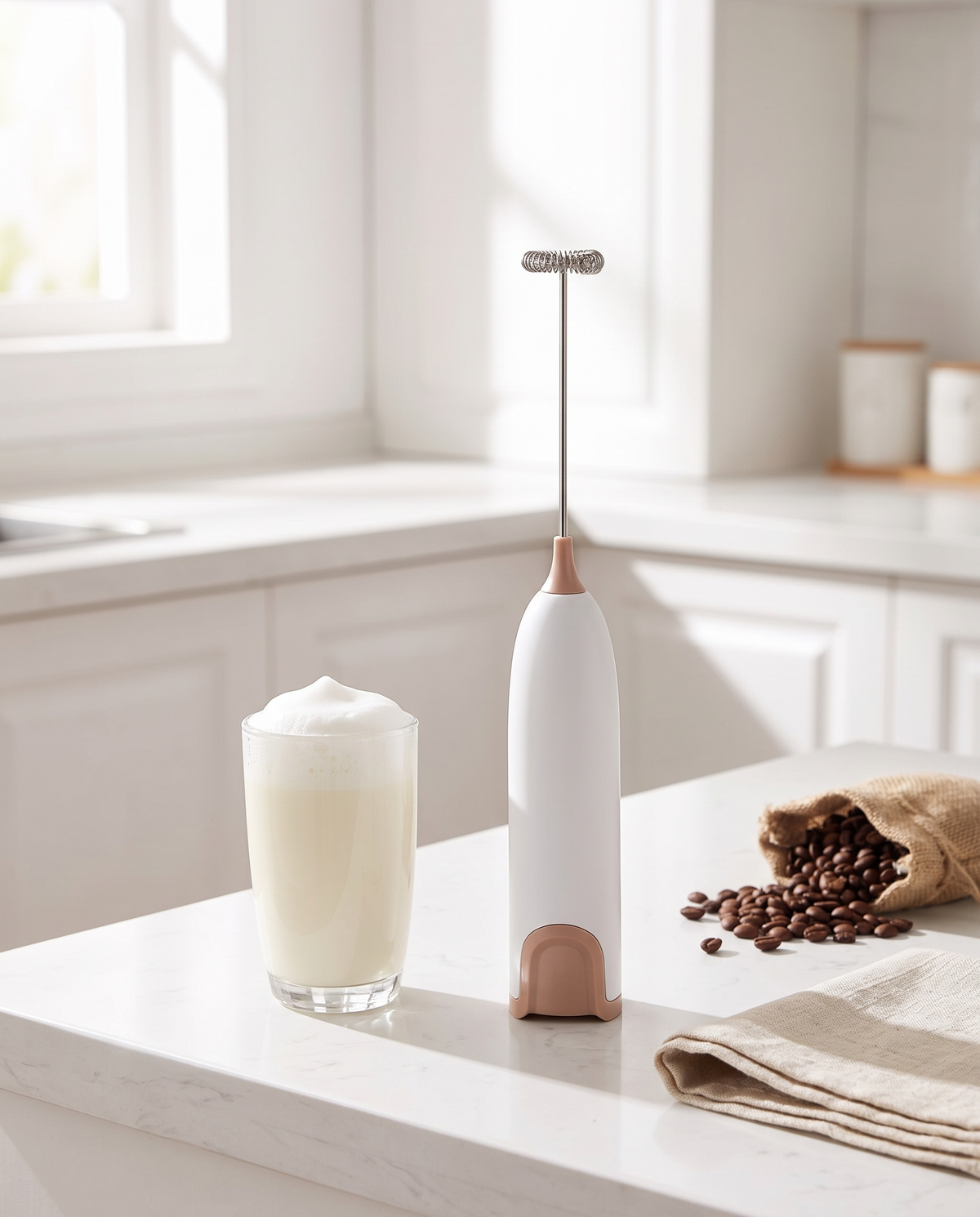 Electric milk frother in use on a kitchen counter, morning