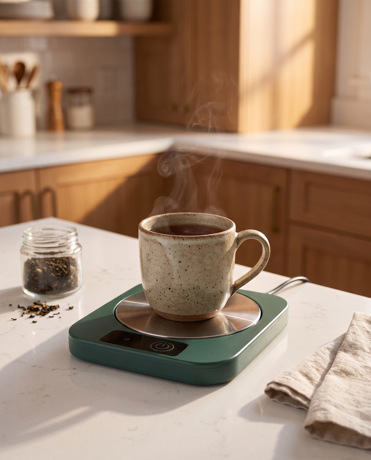 Electric mug warmer in use on a kitchen counter, late afternoon