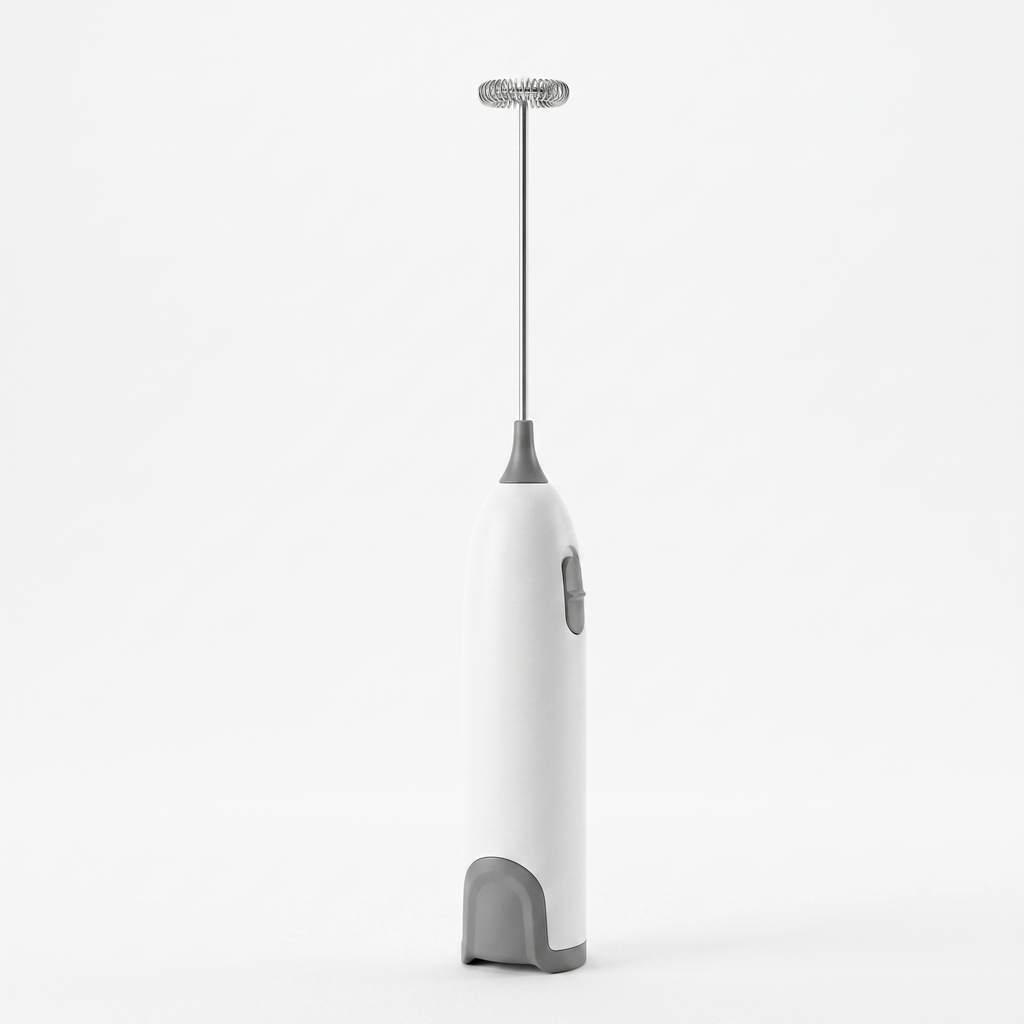 Ergonomic Electric Milk Frother - white background studio product shot