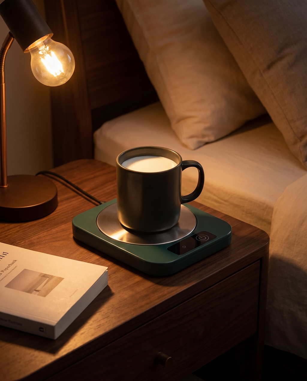 Electric mug warmer in use on a bedroom nightstand, evening