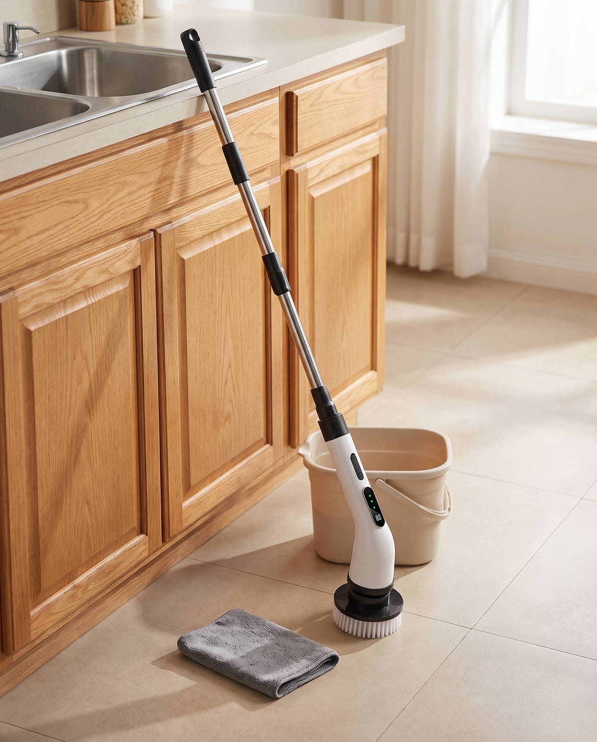 Electric spin scrubber resting in a kitchen, afternoon