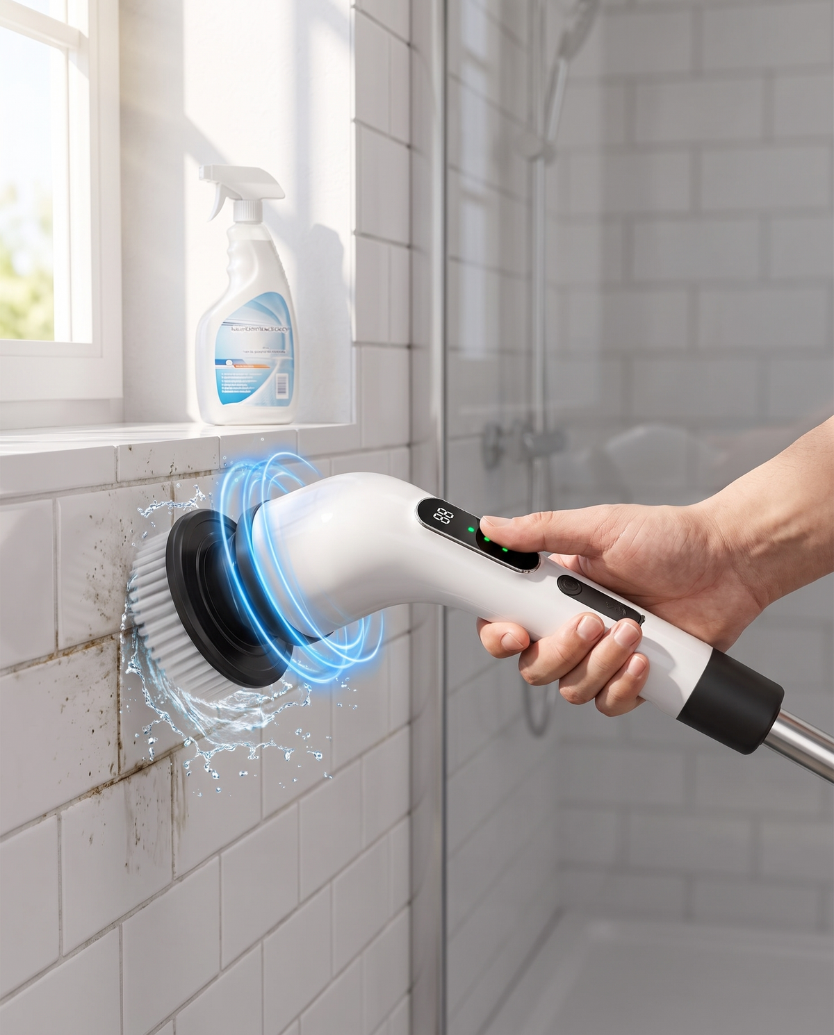 Electric spin scrubber in use on bathroom tile, morning