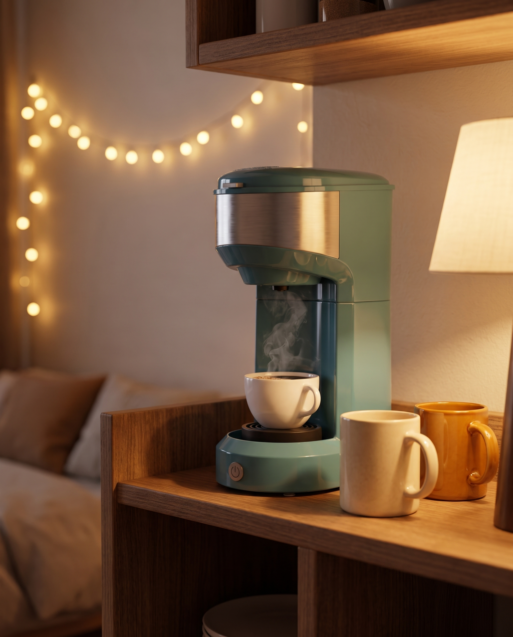 Single-serve coffee maker in a cozy studio kitchenette, evening