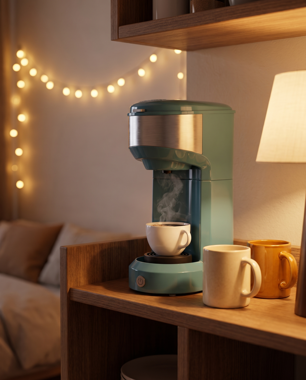 Single-serve coffee maker in a cozy studio kitchenette, evening