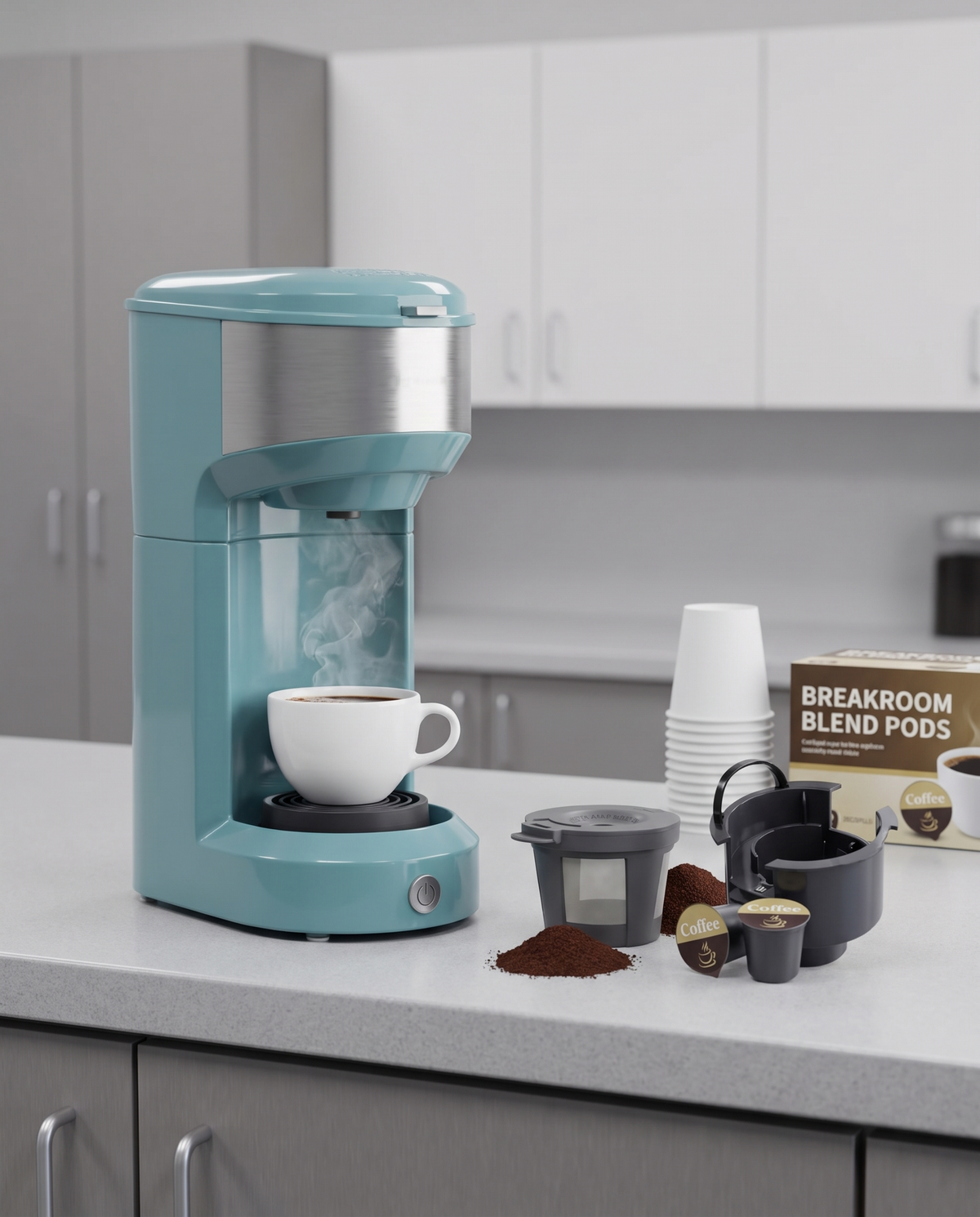 Single-serve coffee maker on an office breakroom counter, midday