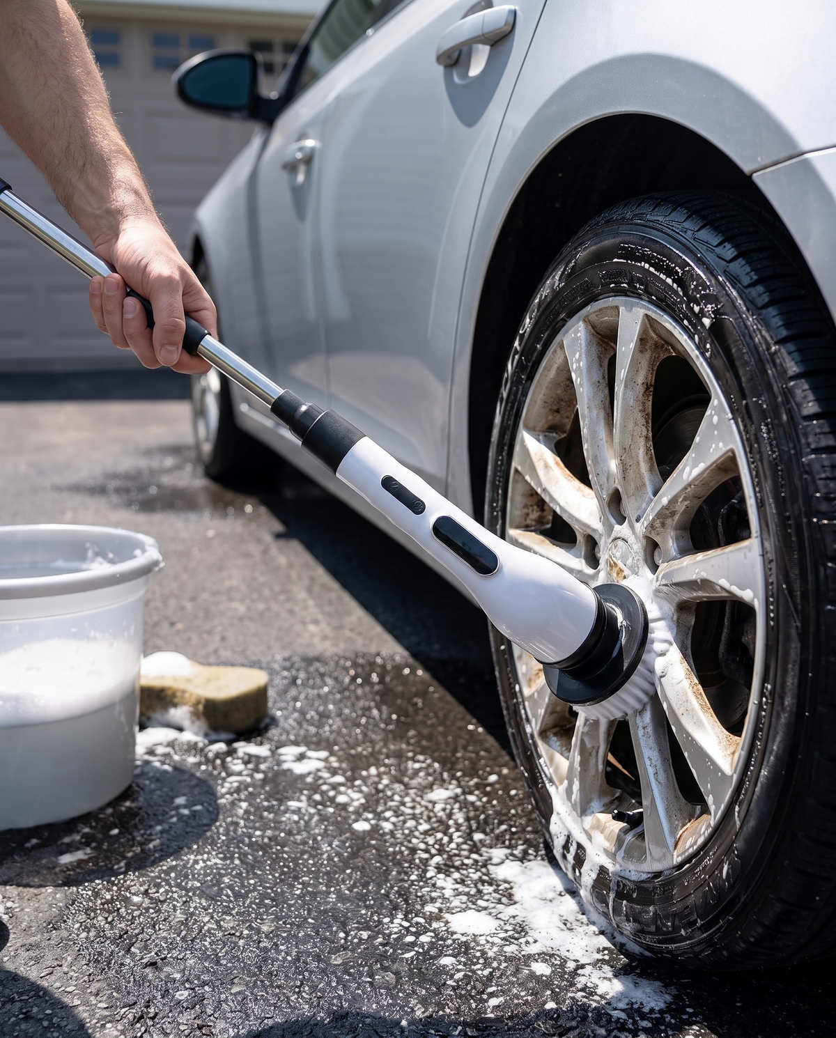 Electric spin scrubber in use cleaning a car wheel, midday