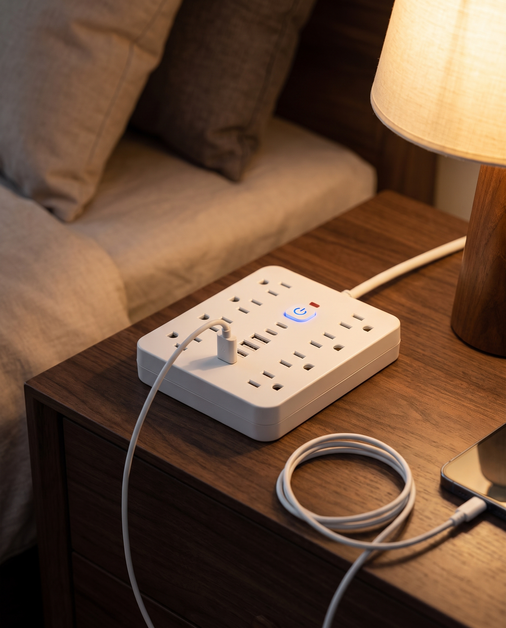 USB surge protector power strip on a bedroom nightstand, evening