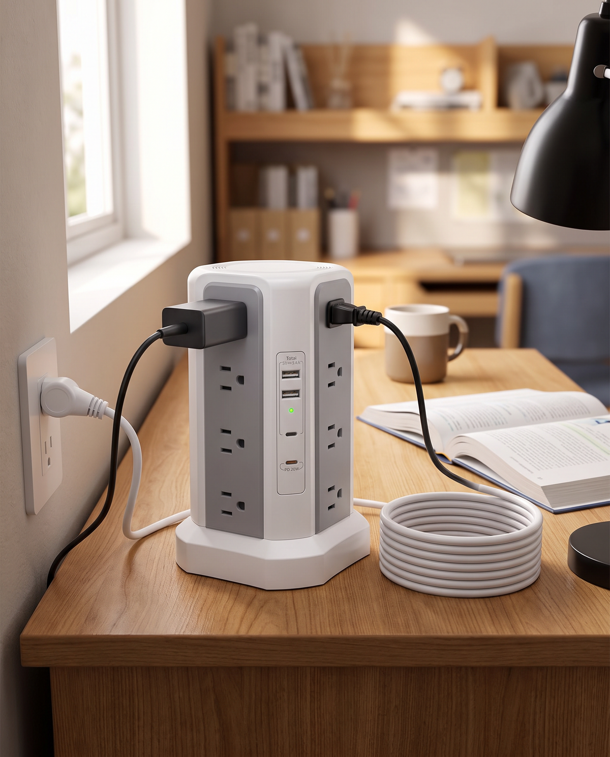 USB surge protector power strip on a dorm-style desk, afternoon