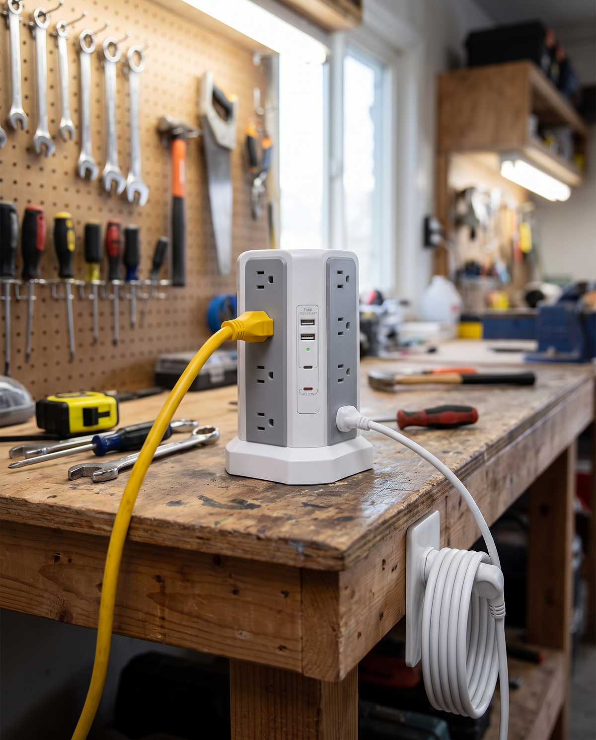 USB surge protector power strip on a workshop workbench, midday