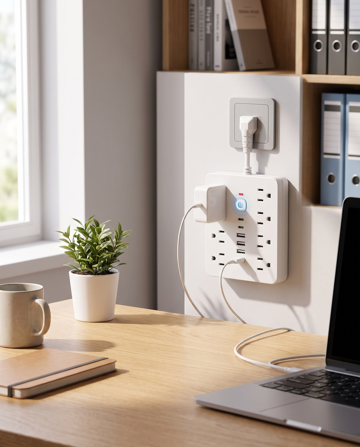 USB surge protector power strip on a home office desk, morning
