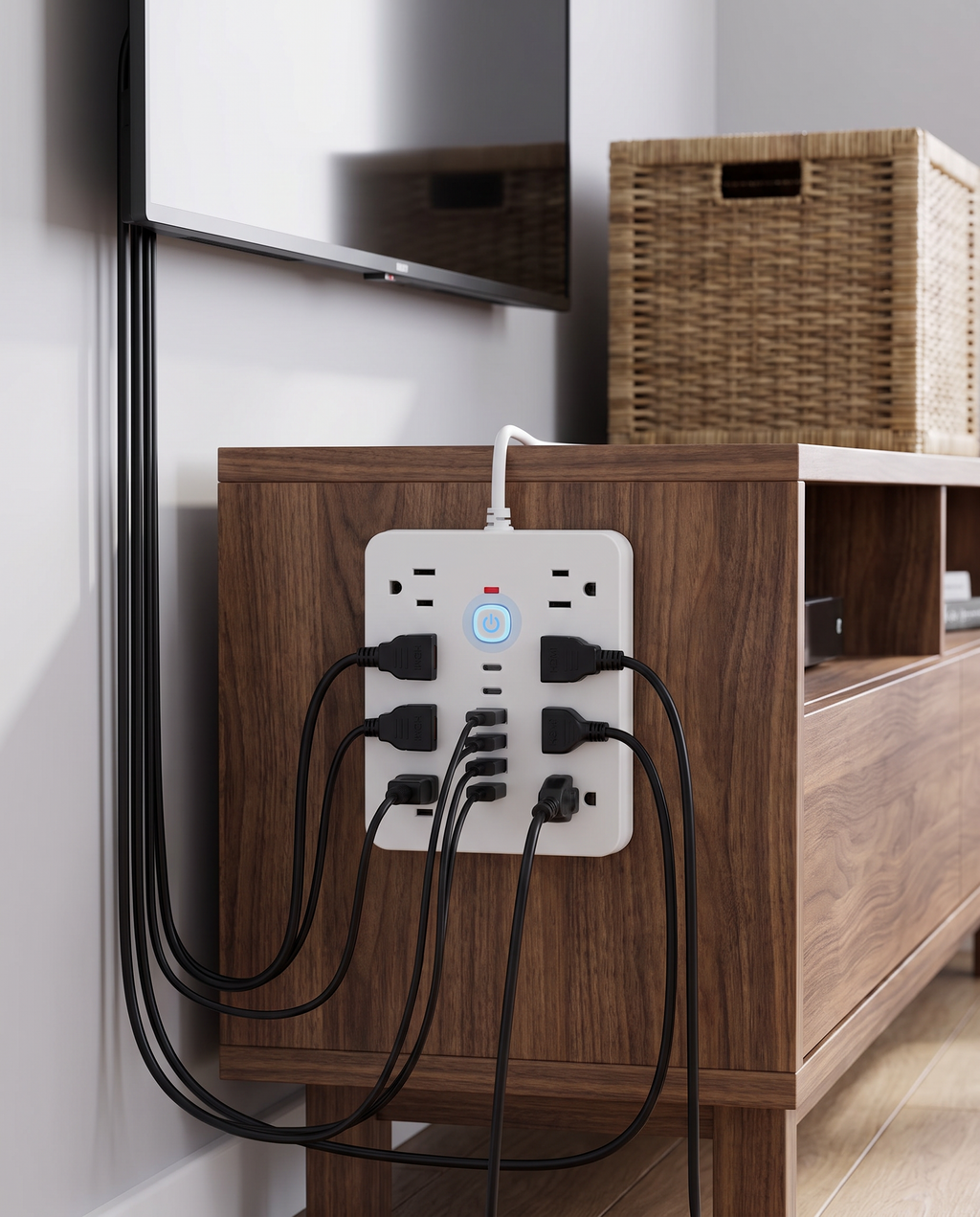 USB surge protector power strip behind a media console, midday