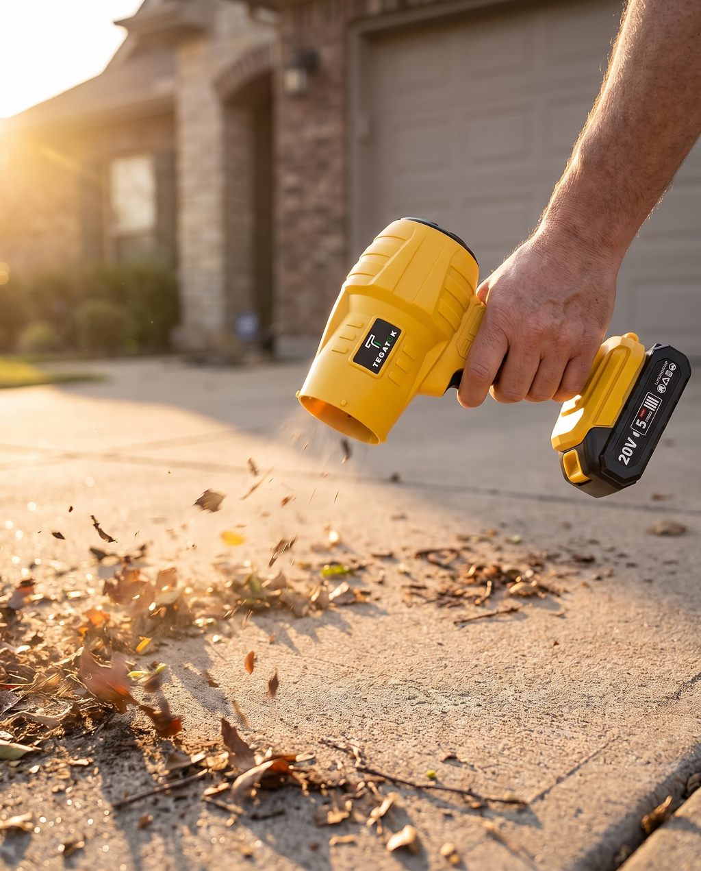 Cordless leaf blower in use clearing a driveway, golden hour