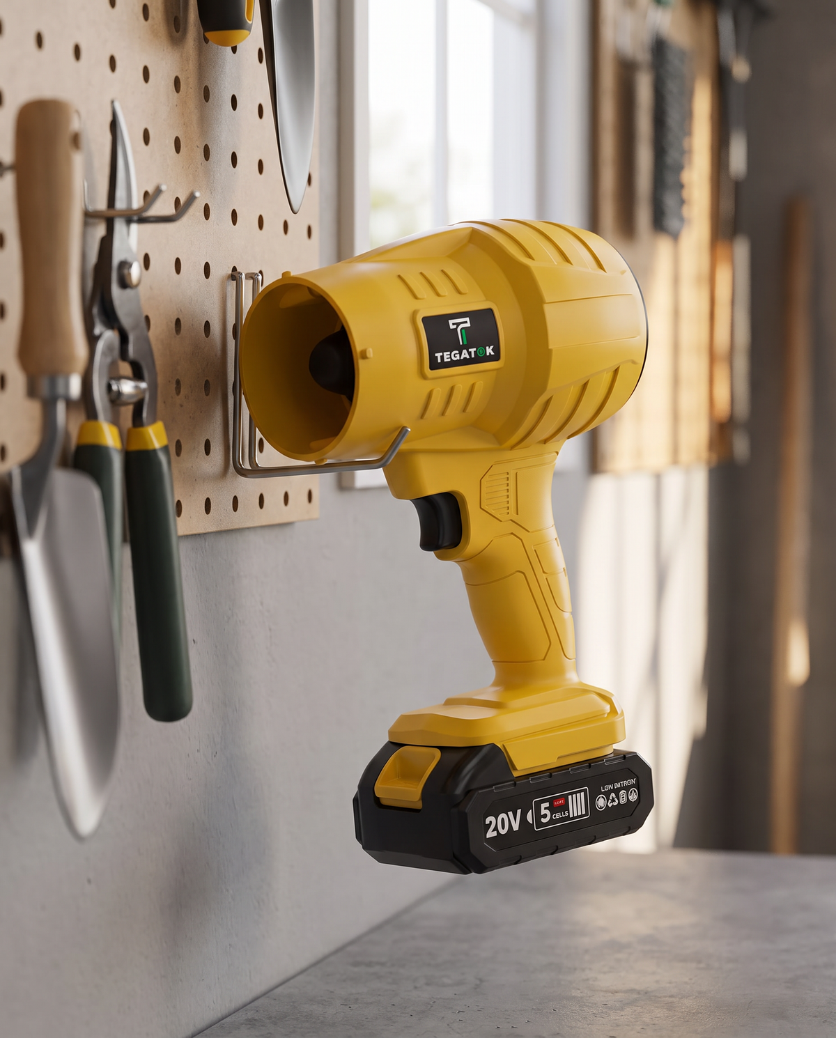 Cordless leaf blower hanging in a garage, afternoon