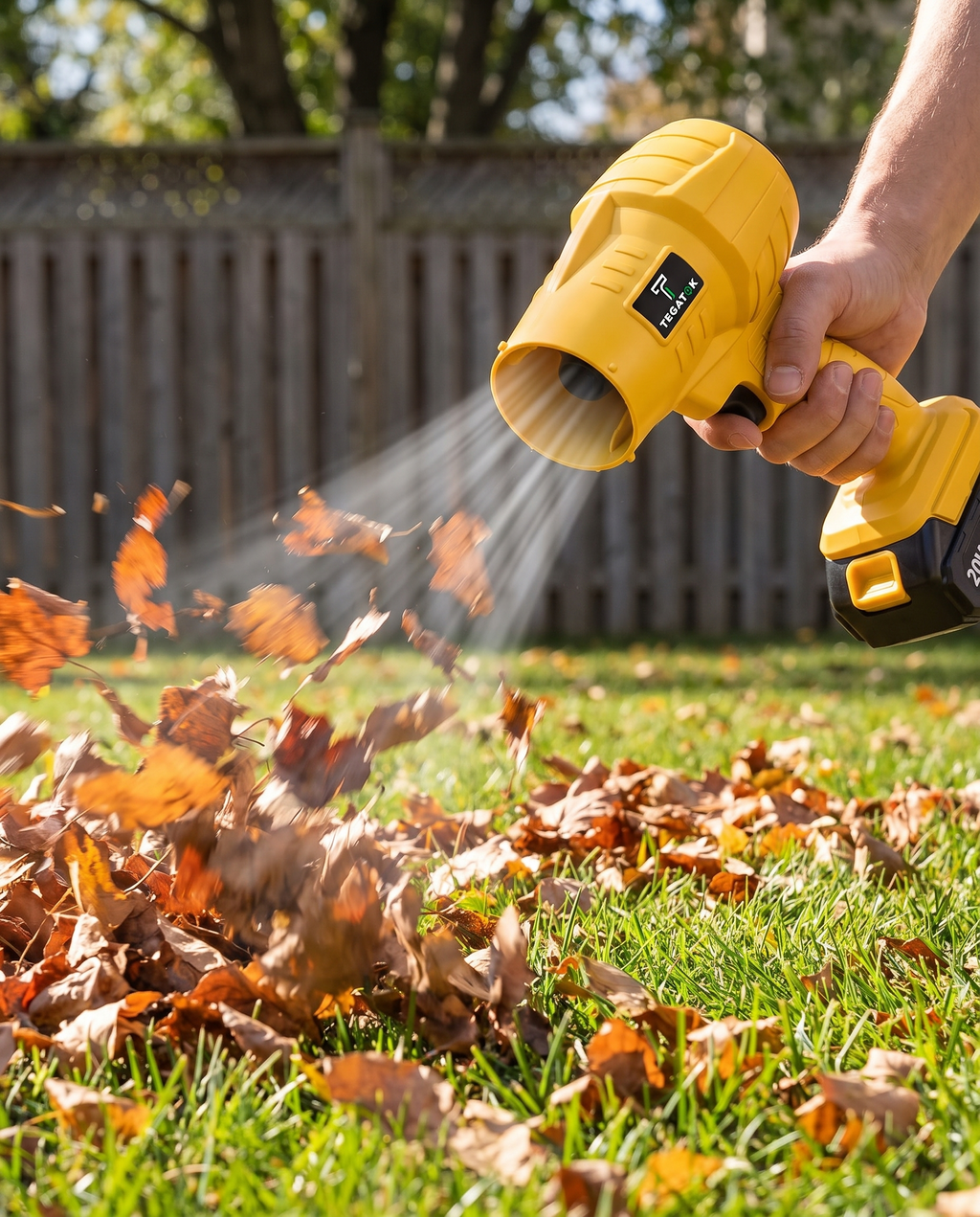 Cordless leaf blower in use on a backyard lawn, midday