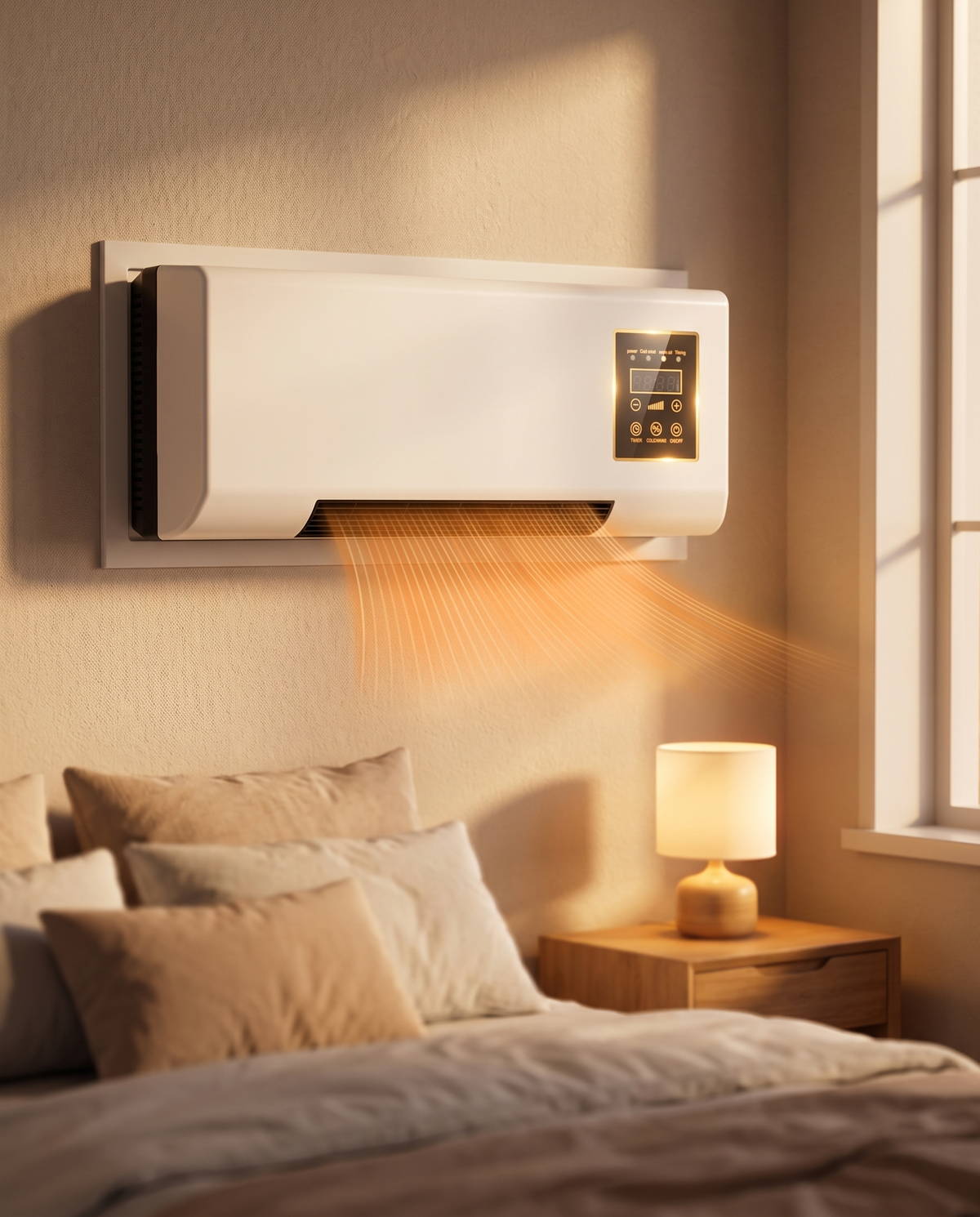 Through-wall AC/heater installed in a bedroom, evening