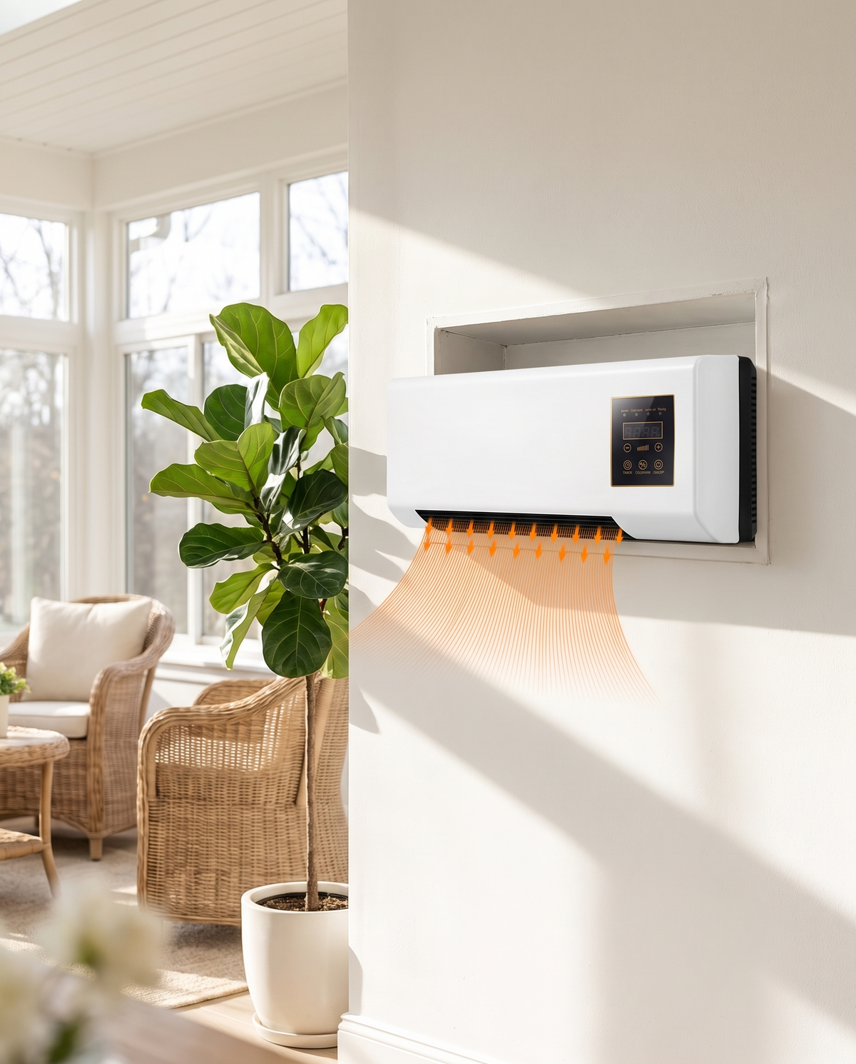 Through-wall AC/heater installed in a sunroom, morning