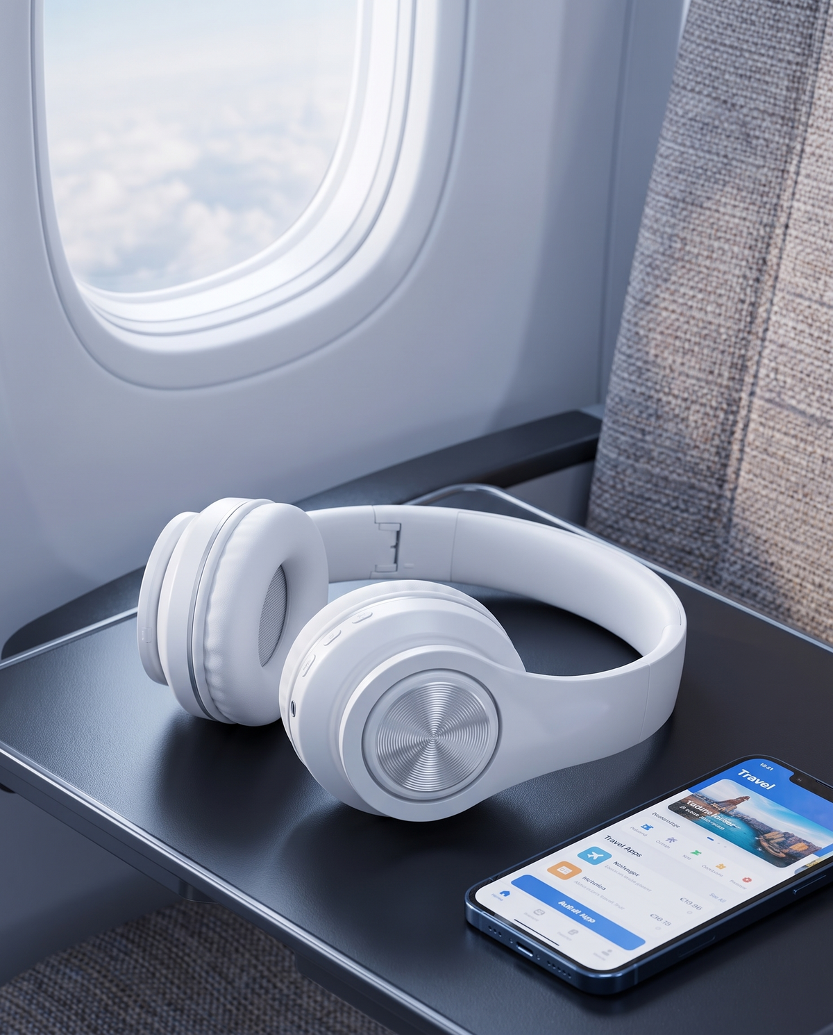 Wireless over-ear headphones on an airplane tray table