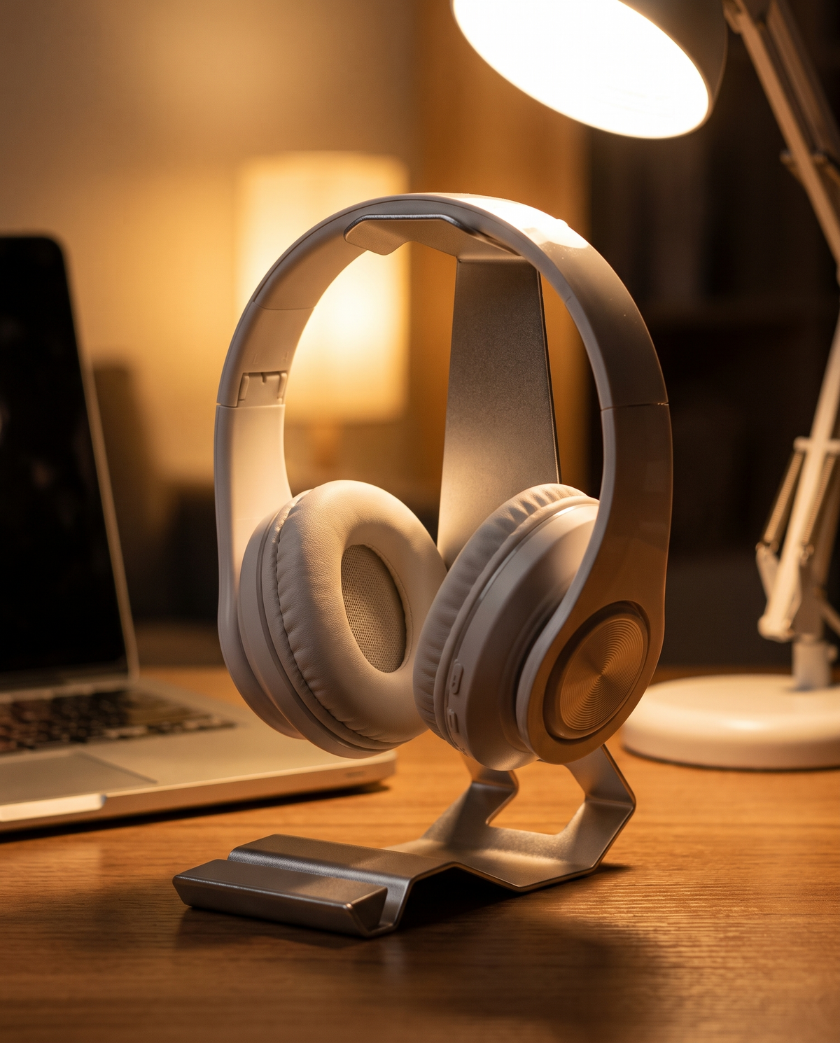 Wireless over-ear headphones on a home office desk, evening