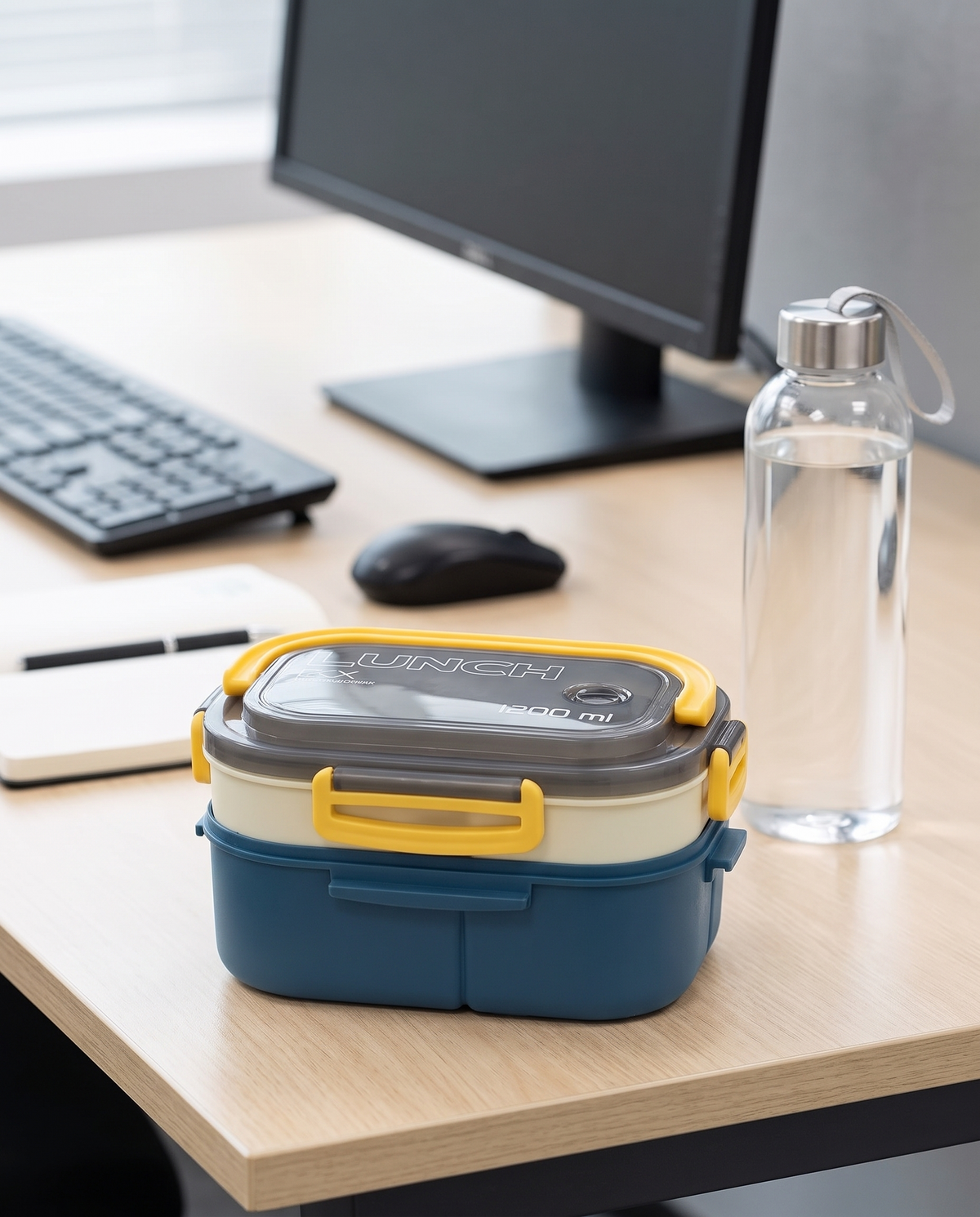 Insulated bento lunch box on an office desk, midday