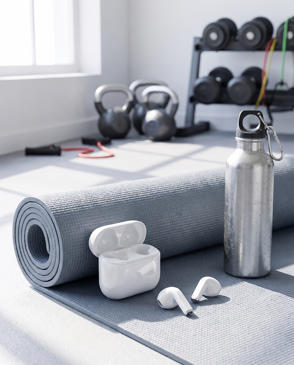 Smart wireless over-ear headphones in a home gym, morning