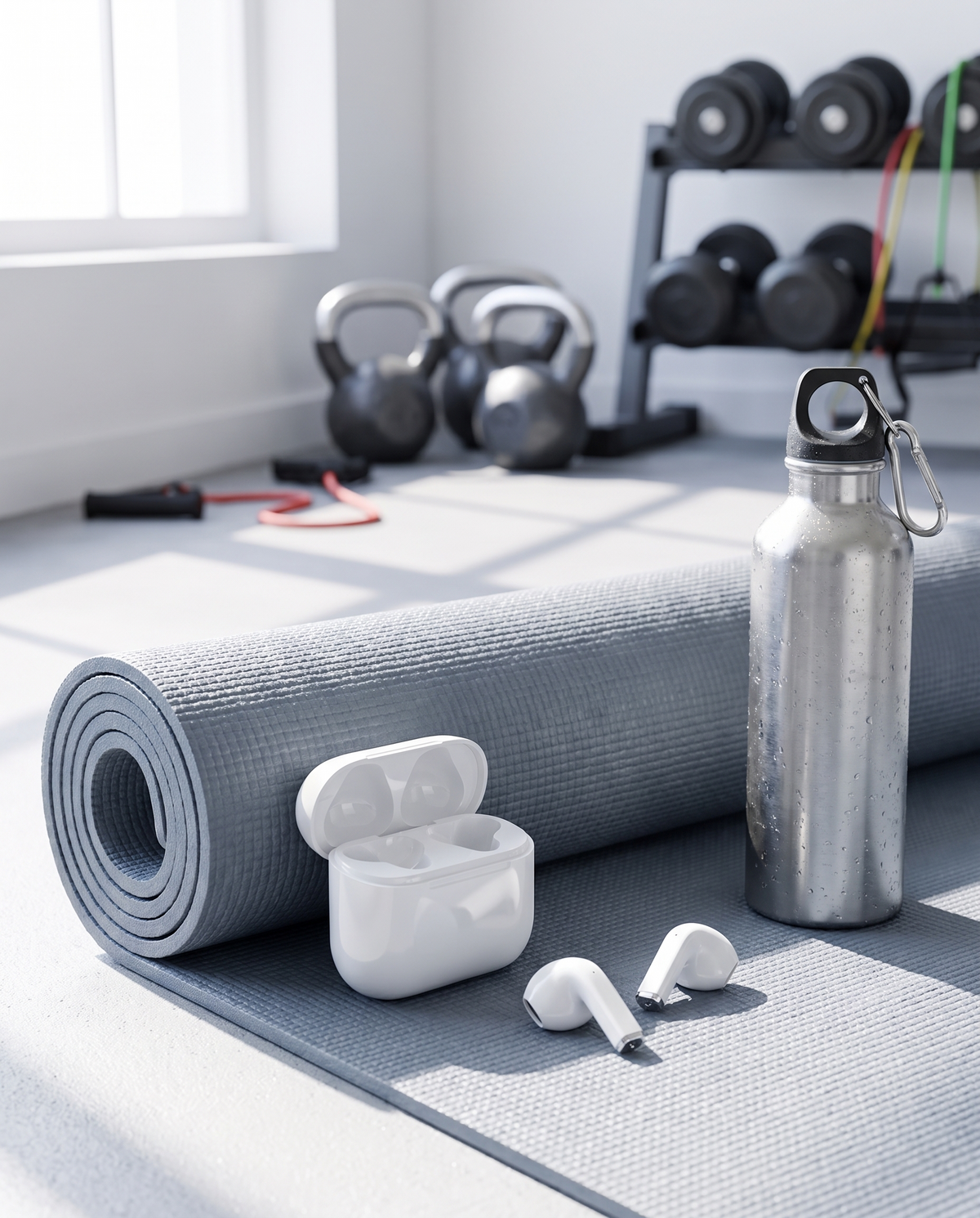 Smart wireless over-ear headphones in a home gym, morning