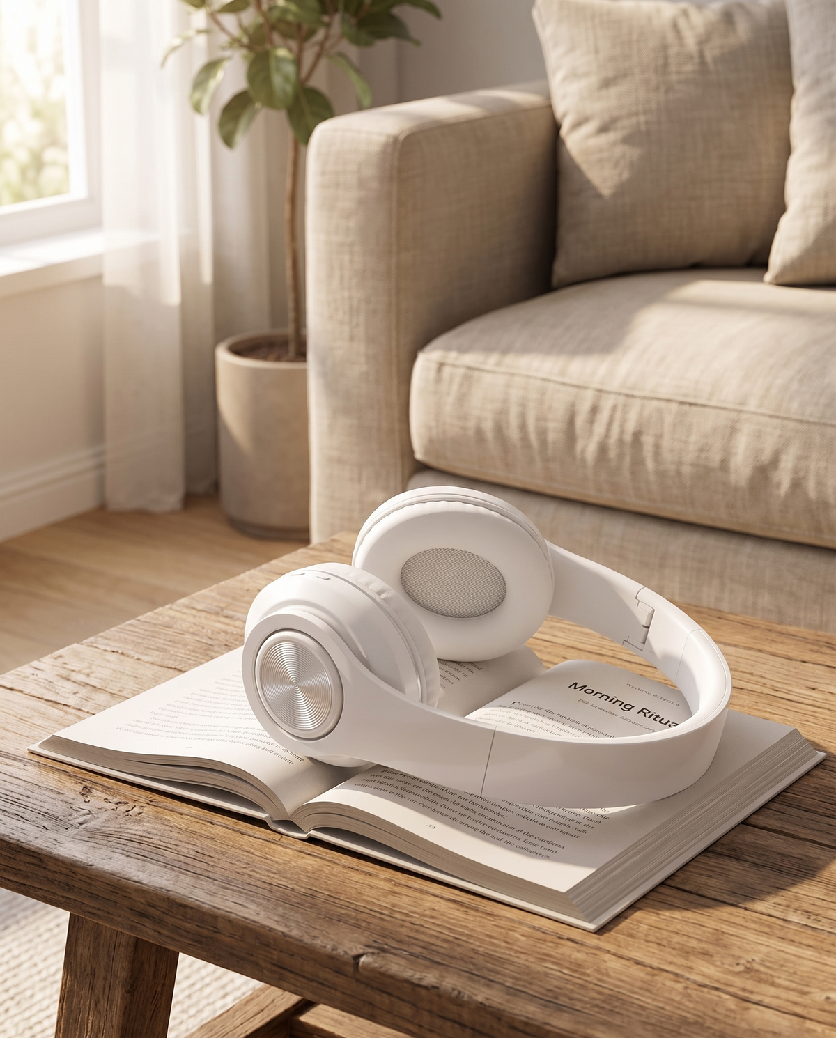 Wireless over-ear headphones resting on a coffee table, morning