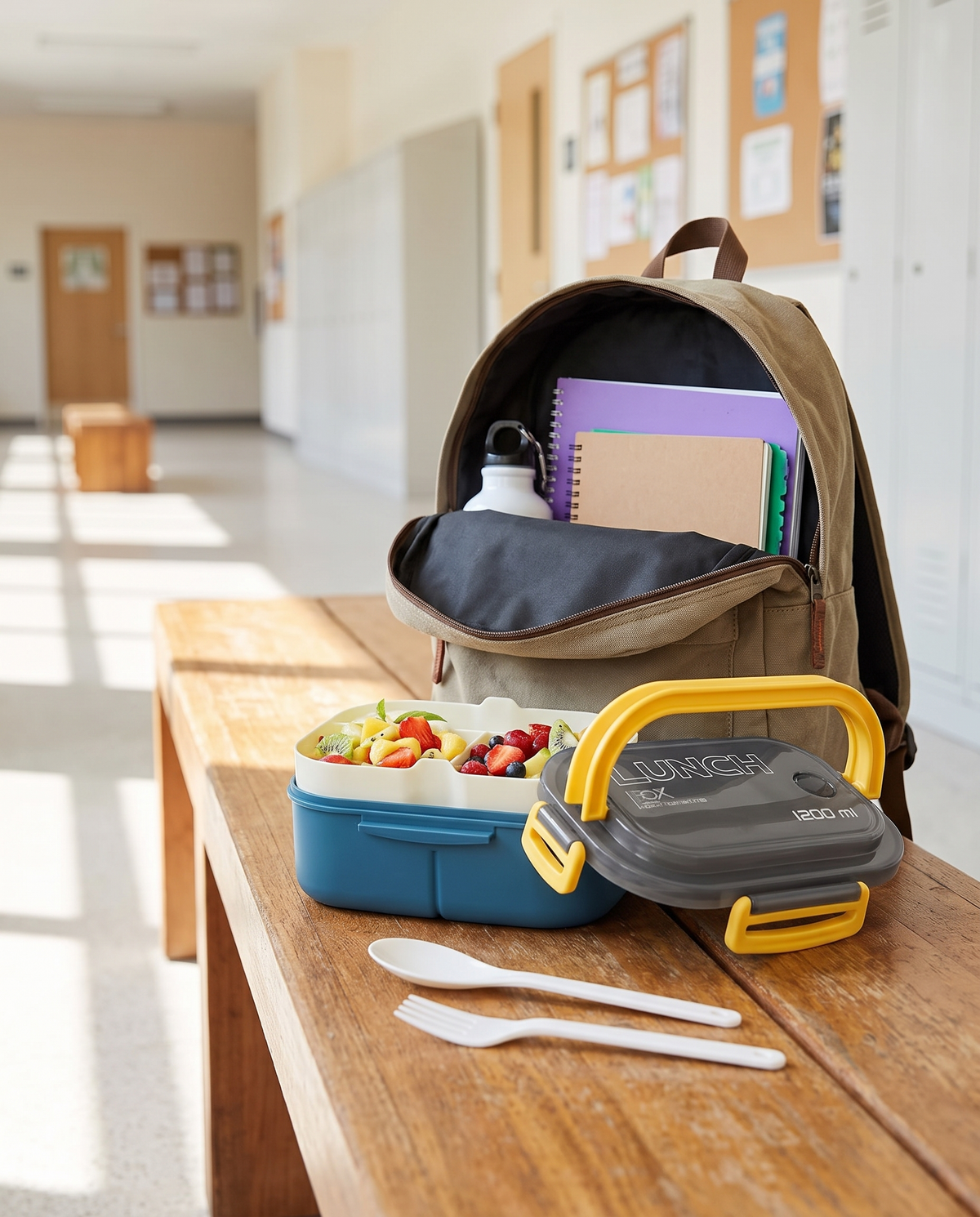 Insulated bento lunch box beside a backpack, daytime