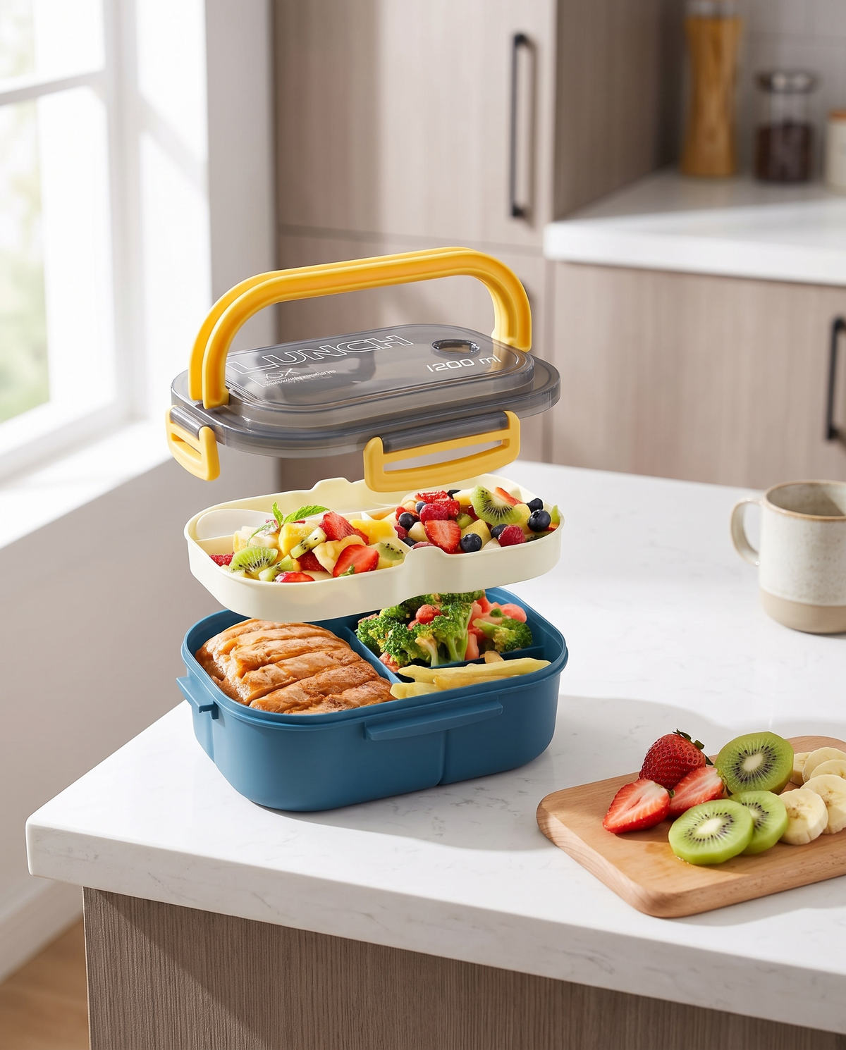 Insulated bento lunch box open on a kitchen counter, morning