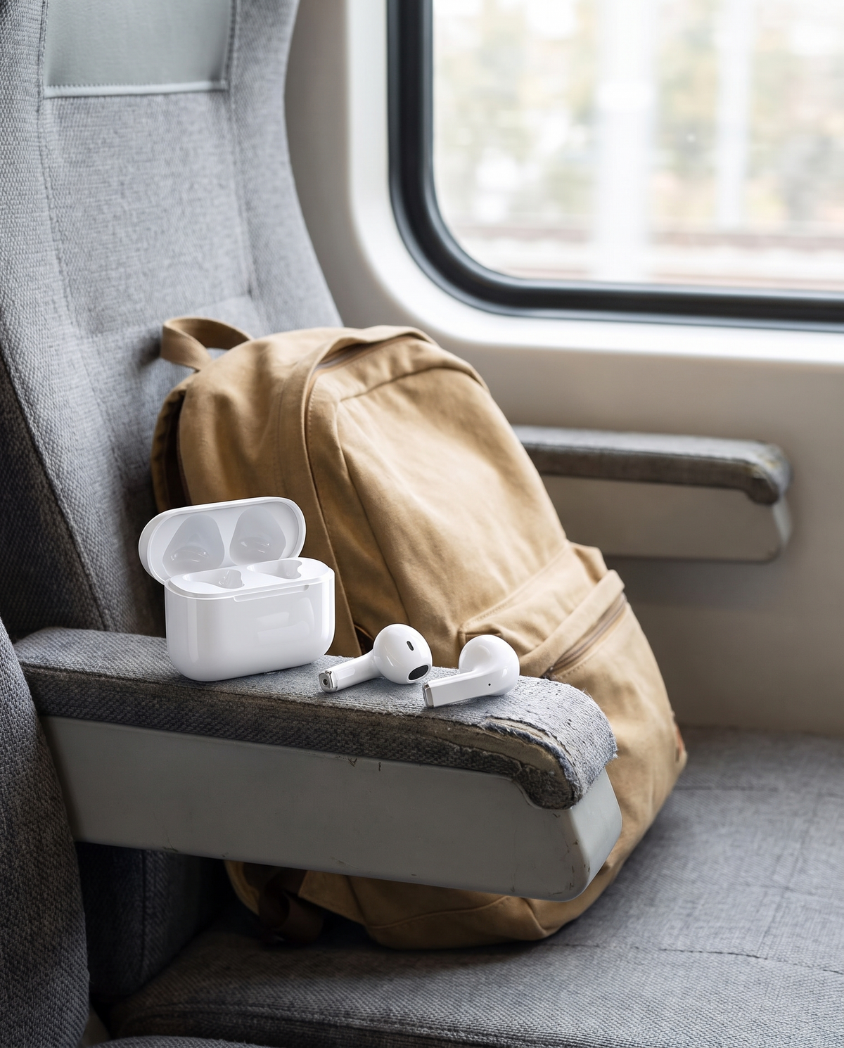 Smart wireless over-ear headphones on a train seat armrest, daytime