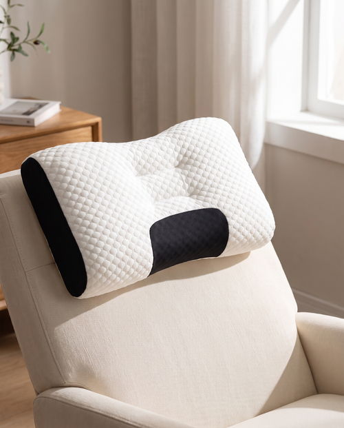 Ergonomic cervical pillow on a home-office reading chair, afternoon