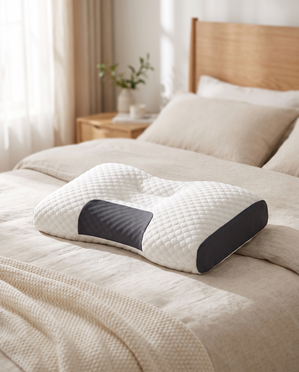 Ergonomic cervical pillow on a bed, morning