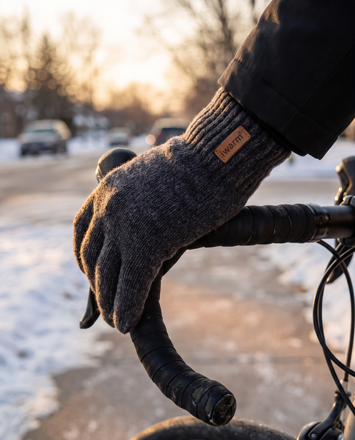 Rechargeable heated gloves worn on a winter bike commute, golden hour