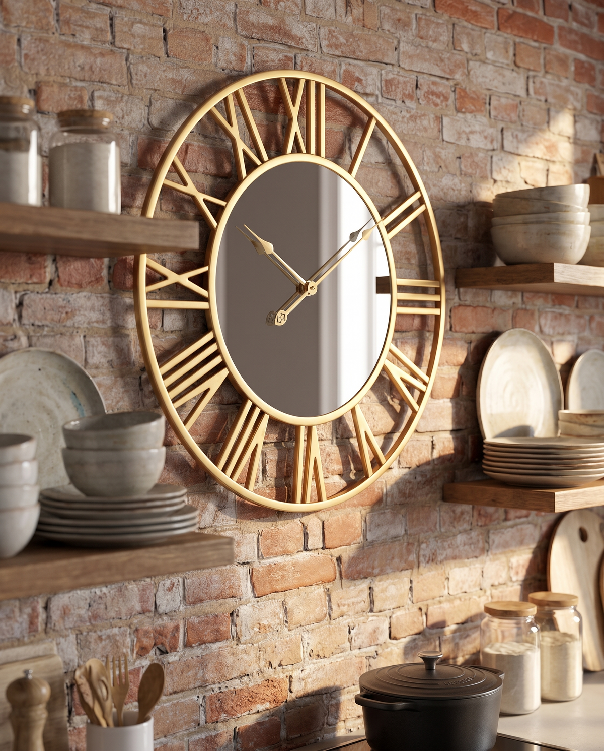 Streamlined Vintage Format Wall Clock on a rustic farmhouse kitchen wall
