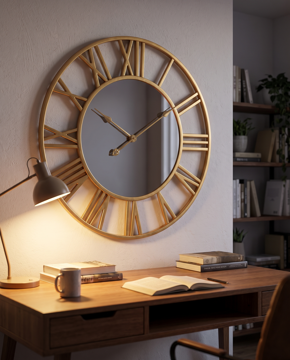 Streamlined Vintage Format Wall Clock above a home office desk